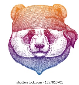 Bamboo bear, panda. Wild pirate or biker. Vector animal portrait. Sailor, motorcyclist. Print for children clothing, tee. Kids fashion.