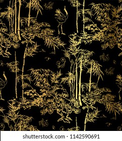 bamboo bird crane tree vector japanese chinese seamless pattern design gold black