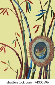 Bamboo and bird in a nest. Vector illustration