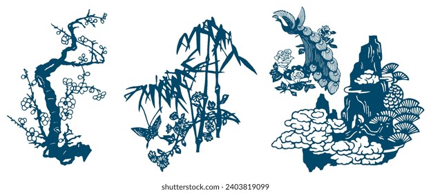 Bamboo, Bonsai, Sakura Tree. Japanese Oriental Pattern. Japan Ornament Elements. Eastern Indigo, Navy Blue Decoration. Nature, Floral Details. Peacock and Mountain with Clouds.