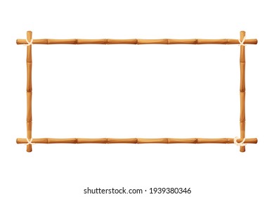 Bamboo border frame with rope in cartoon style, decoration isolated on white background stock vector illustration. Hawaiian, tribal blank from sticks.