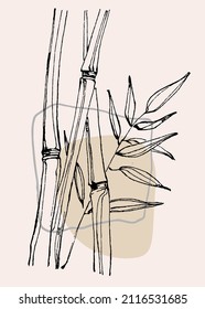 Bamboo botanical wall art vector. Indian cane boho line art drawing sketch with abstract shape. Illustration background plant art design for wallpaper, print, cover, minimal, natural wall art.