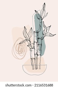 Bamboo botanical wall art vector. Indian cane boho line art drawing sketch with abstract shape. Illustration background plant art design for wallpaper, print, cover, minimal, natural wall art.