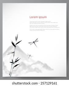 Bamboo branch, dragonflies and mountains. Hand-drawn with ink in traditional Japanese style sumi-e. Design template with place for your text. 