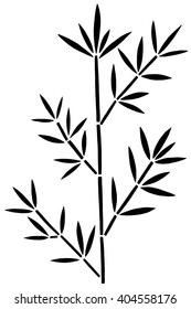 Bamboo branch with leaves black silhouette isolated on white background 
