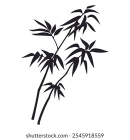 Bamboo branch silhouette. Cartoon black decorative bamboo shoot with leaves, tropical forest plant branch flat vector illustration. Jungle bamboo branch on white background