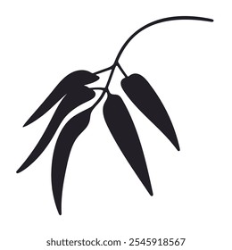 Bamboo branch silhouette. Jungle forest plant shoot with leaves, black ink decorative bamboo stem flat vector illustration. Bamboo branch on white