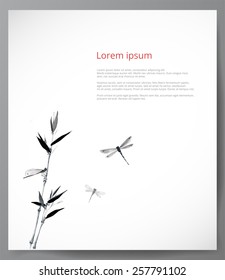 Bamboo branch and three dragonflies on white background with place for your text. Hand-drawn with ink in traditional Japanese style sumi-e. 