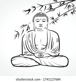 Bamboo branches in behind of Meditating Buddha, vector