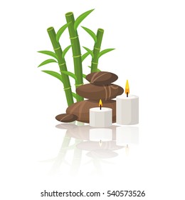 Bamboo branches, candles and spa stones. Vector illustration for Spa isolated on white background.