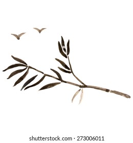 Bamboo branches isolated on the white background. Vectorization watercolor painting.
