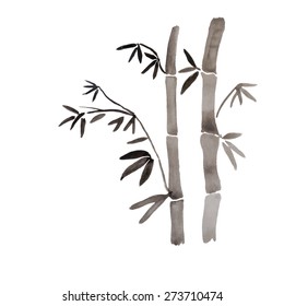 Bamboo branches isolated on the white background. Vectorization watercolor painting.