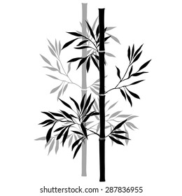 Bamboo branches isolated on the white background. Black silhouette.