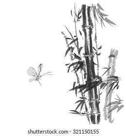 Bamboo branches isolated on the white background. Vectorization watercolor painting.