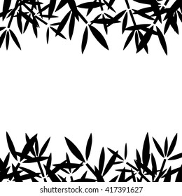 Bamboo branches, leaves black silhouettes borders,  frame isolated on white background  