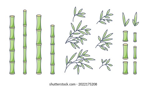 Bamboo branches and leaves elements collection. Asian trees silhouette isolated set. Different shapes of East flora in cartoon design.