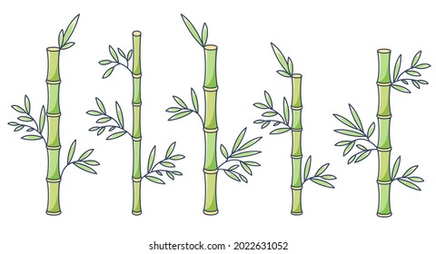 Bamboo branches and leaves elements collection. Asian trees silhouette isolated set. Different shapes of East flora in cartoon design.