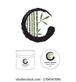 bamboo branches and leaves inside zen symbol, vector illustration and cosmetic packaging mock up