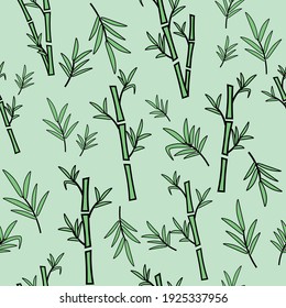 Bamboo branches and leaves vector seamless pattern on green background. Natural green bamboo branches and leaves texture. Vector background for textile fabric prints, wallpapers or for any  use.  