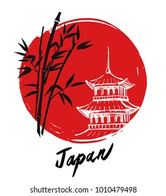 Bamboo branches on the red sun with temple. Vector