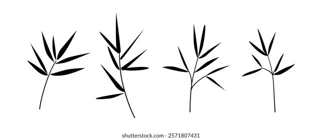 Bamboo branches and stems silhouettes. Hand drawn bamboo tree leaves, foliage. Botanical drawing collection. Vector.