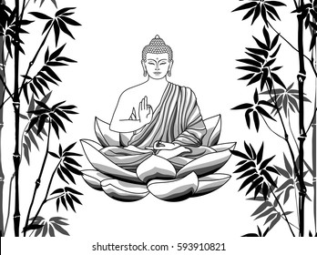 Bamboo and Buddha, sitting on lotus seamless pattern on white background. Tropical wallpaper, nature textile print, template with text place.