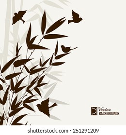 Bamboo bush with birds, ink painting over gray background. Vector illustration.