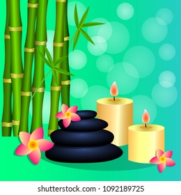 Bamboo, candles, Spa stones for banner, leaflet, brochure, poster, website decoration. Vector illustration.