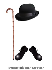 bamboo cane, bowler hat and boots on a white background