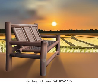 Bamboo chair armchair with sunset landscape at the background. vector illustration.