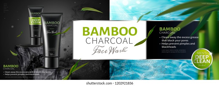 Bamboo charcoal cleansing product banner ads with flying leaves and black ingredients in 3d illustration