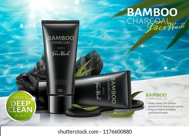 Bamboo charcoal face wash ads with carbons on poolside in 3d illustration