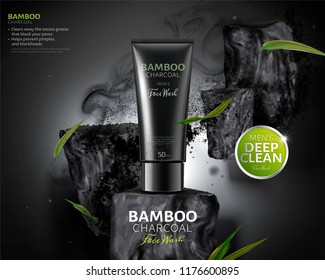 Bamboo charcoal face wash ads with carbons and leaves flying in the air in 3d illustration, dark background