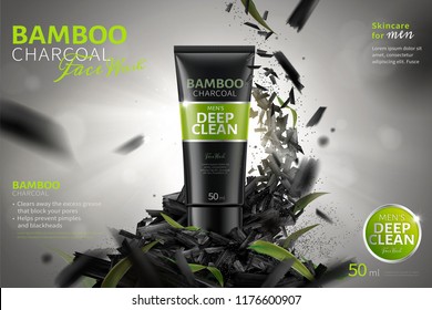Bamboo charcoal face wash ads with crushed carbons flying in the air in 3d illustration