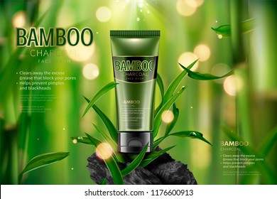 Bamboo charcoal face wash ads in 3d illustration, tranquil bamboo forest scene with leaves and carbon