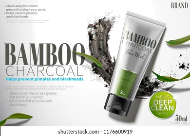 Bamboo charcoal face wash ads with smear carbon powder in 3d illustration