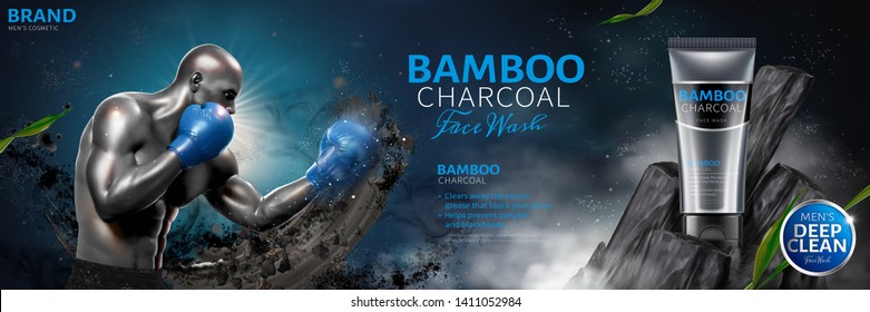 Bamboo charcoal face wash ads with strong boxer throwing hook in 3d illustration