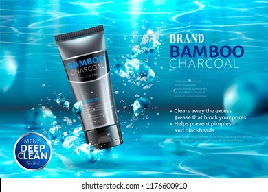 Bamboo charcoal face wash plastic tube in 3d illustration, beautiful underwater scene with floating bubbles