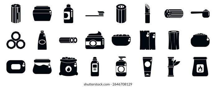 Bamboo charcoal icons set. Set of black and white icons representing personal care items
