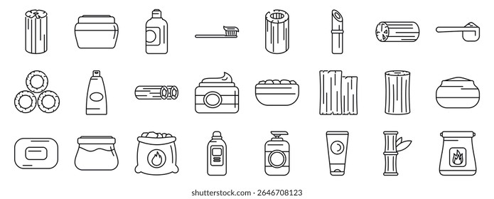 Bamboo charcoal icons set. Eco friendly beauty routine with bamboo charcoal products for skin care, hygiene, and body care, embracing sustainable living