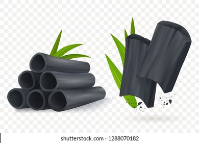 Bamboo charcoal vector illustration. Realistic Cosmetic charcoal isolated on transpartent background. Pieces of activated carbon. Natural component. Eps 10.