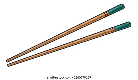 Etiqueta de color vintage con chopstick de bambú con vajilla de madera para comer en la cultura tradicional china o japonesa ilustración vectorial