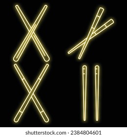 Bamboo chopsticks icons set. Outline set of bamboo chopsticks vector icons neon color on black