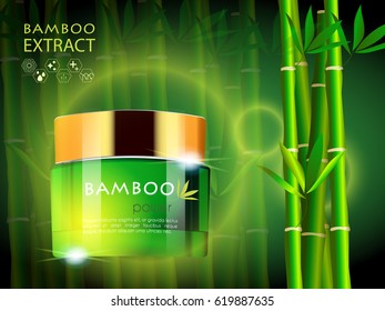 Bamboo Concept Medical Clean Cosmetic Ads Template, Hydrating Moisturizing Facial Cream Glass Jar Foil Cap Package Design with Healthcare Icons. 3D realistic vector illustration.