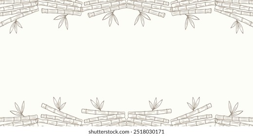 Bamboo contour frame, horizontal banner with brown sticks and leaf shoots, hand drawn bamboo doodles on beige background. Vector illustration