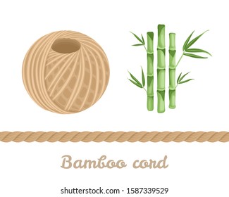 Bamboo cord Ball isolated on white background. Vector illustration of natural threads and green bamboo plants in cartoon simple flat style.  Bamboo rope, string.