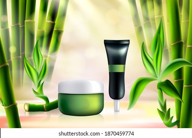 Bamboo cosmetics vector illustration. Realistic tube container for face skincare cream product, cosmetology mockup template with tropical organic ingredient, green bamboo sticks and leaves background