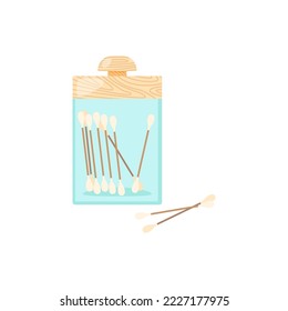 Bamboo cotton buds cartoon illustration. Zero waste bamboo cotton buds in jar, reusable bath product. Eco friendly lifestyle, care concept