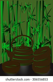 Bamboo and cup of tea. A set of dishes for tea on a background of green stalks of bamboo
