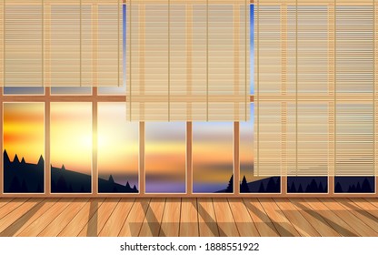 cortina de bambú en las ventanas de madera de la casa de madera de la montaña por la mañana